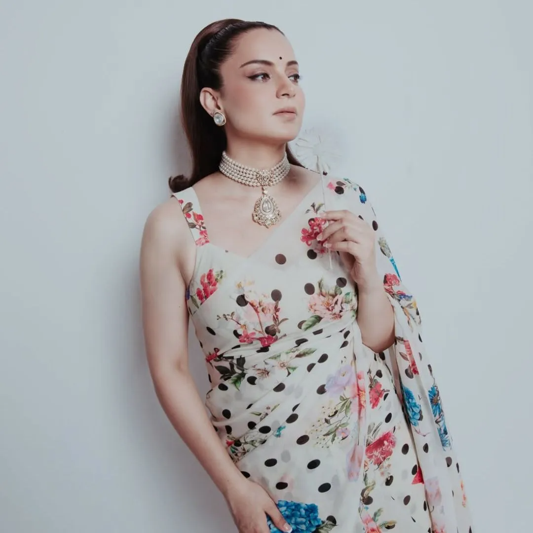 Kangana Ranaut and Shalini Passi wearing a printed sari with polka dots and flowers